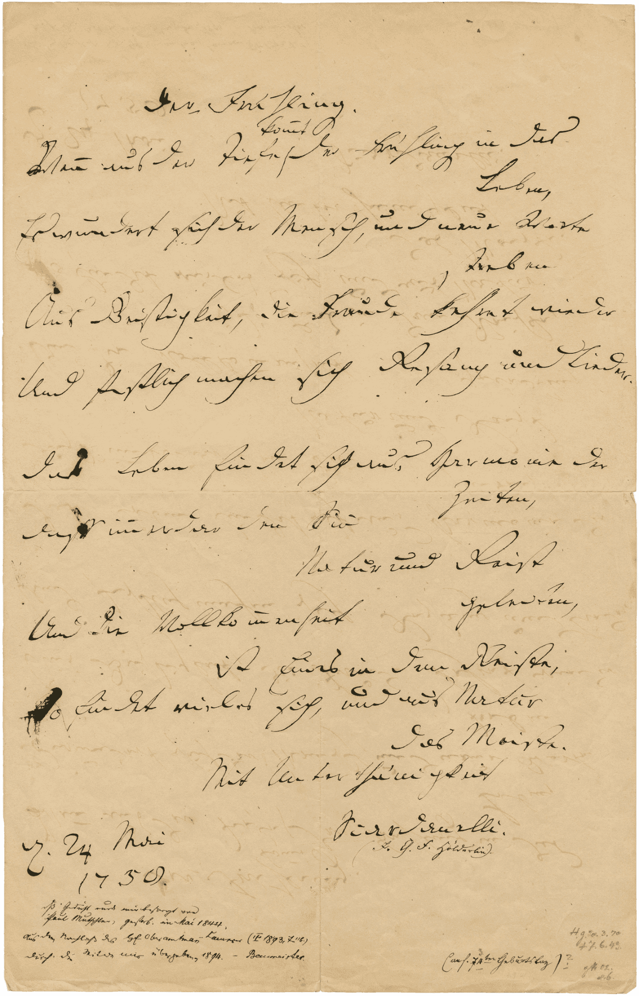 Handschriftliches Manuskript von Hölderlins ›Der Frühling.‹