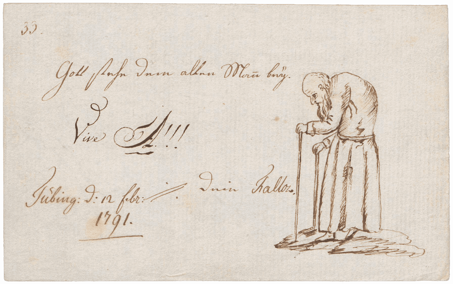 Stammbucheintrag in Zierschrift mit einer Karikatur die Hegel als buckligen Alten mit Gehstöcken und Mönchskutte zeigt