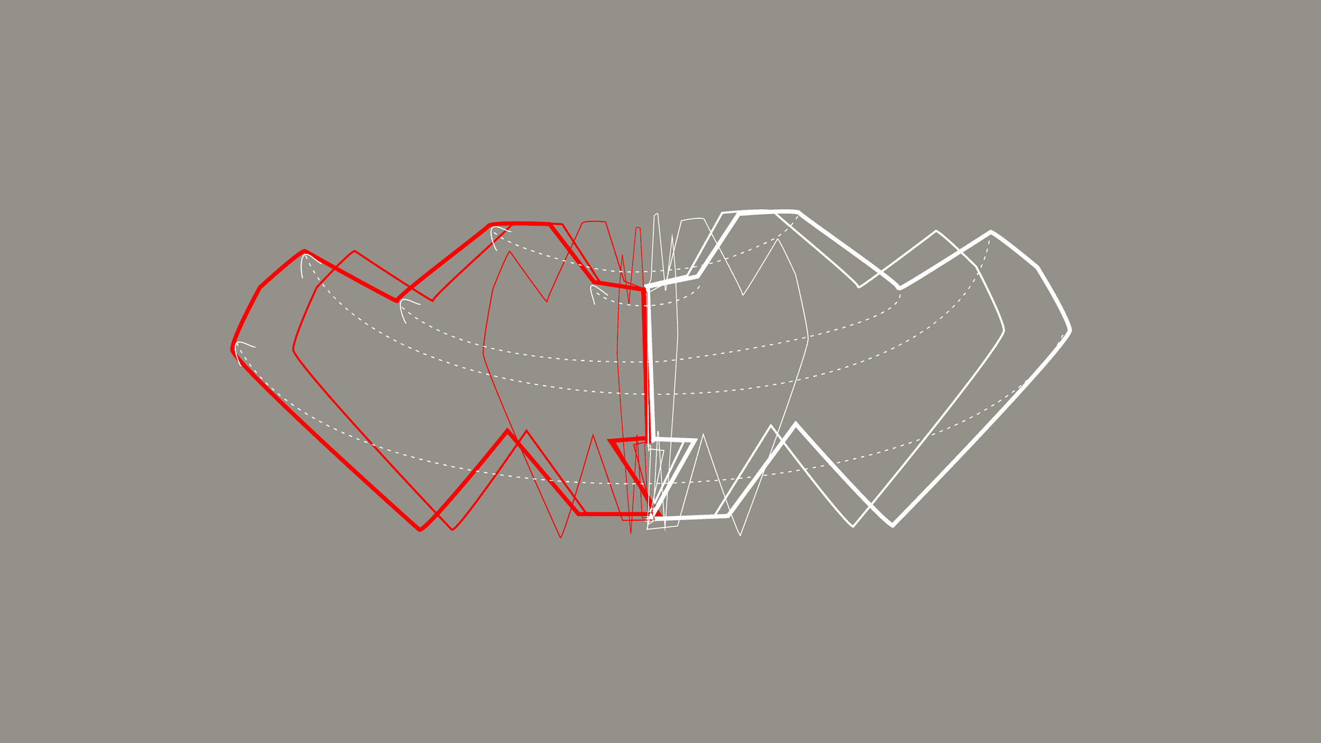 Illustration zweier symmetrisch gespiegelter, geometrischer Formen mit roter und weißer Kontur auf einer grauen Fläche